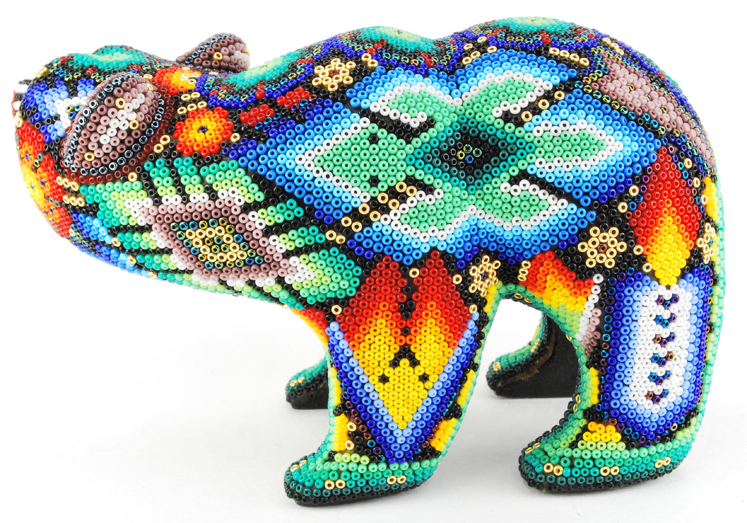 Huichol Indian Beaded Bear with Green Lizard