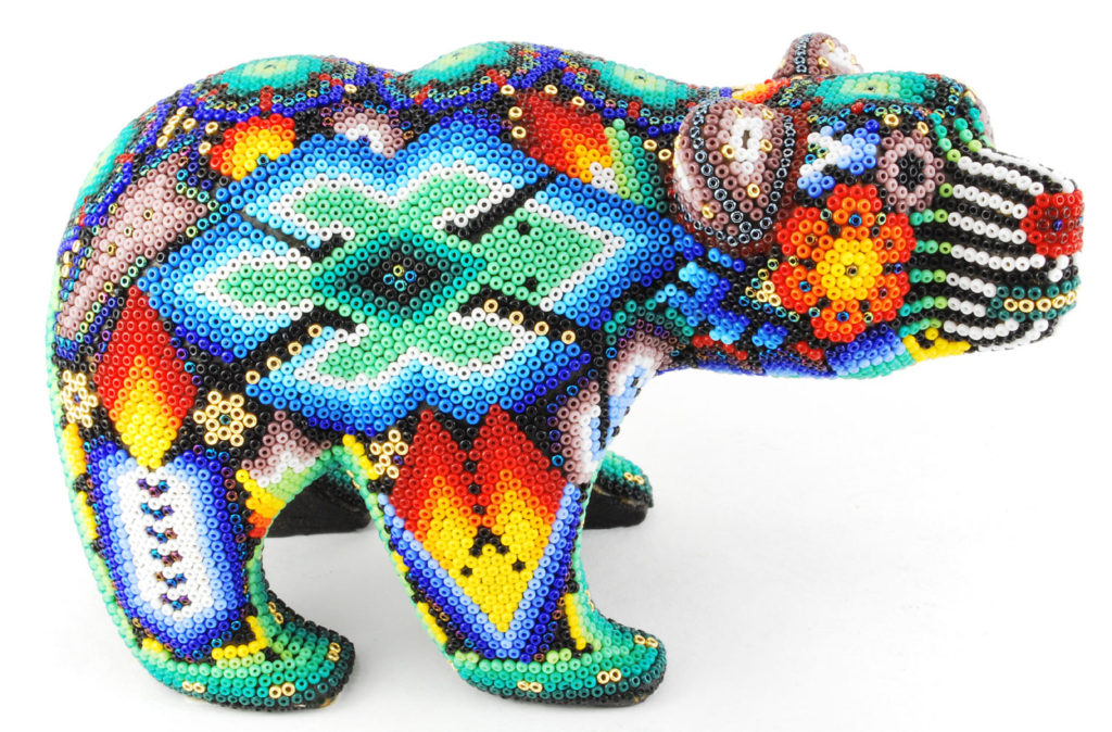 Huichol Indian Beaded Bear with Green Lizard